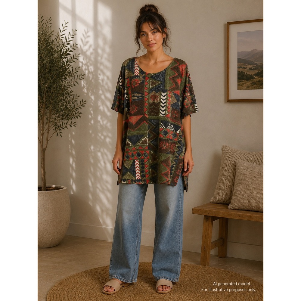 Vintage XL Oversized Geometric Patchwork Tunic Top Earthy Boho Short Sleeve